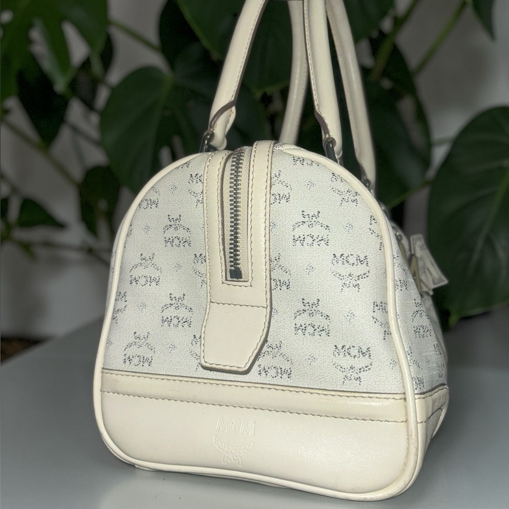 MCM Cream Logo Satchel with Gold Plaque and Charm - Picture 2 of 11